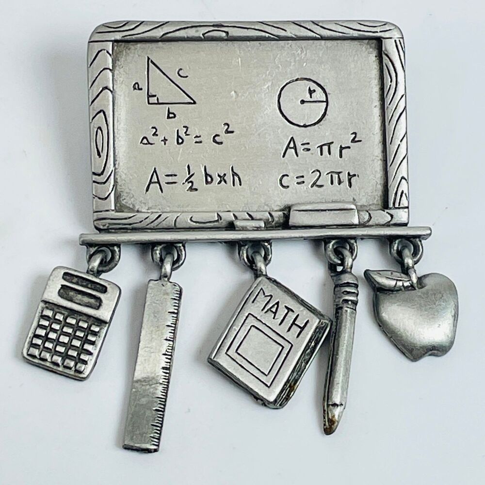 JJ Teacher Chalkboard Dangle Brooch Pin Math Charms Pewter Vintage Approx 2" L